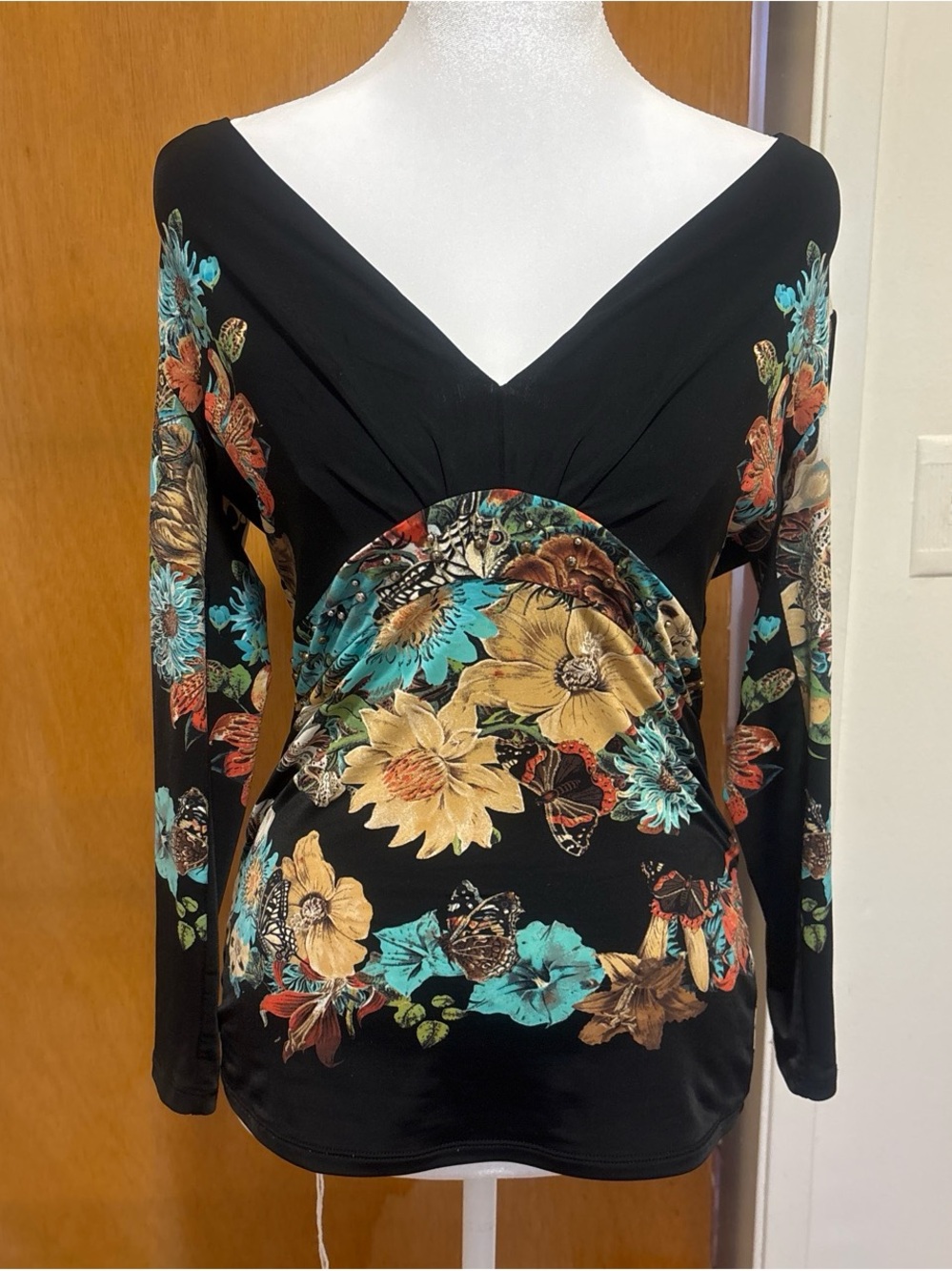 Roberto Cavalli Black Floral Long Sleeve V-Neck Blouse